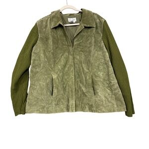 Live A Little Jacket Womens 2X Green Leather Knit Sleeves Zip Pockets Casual